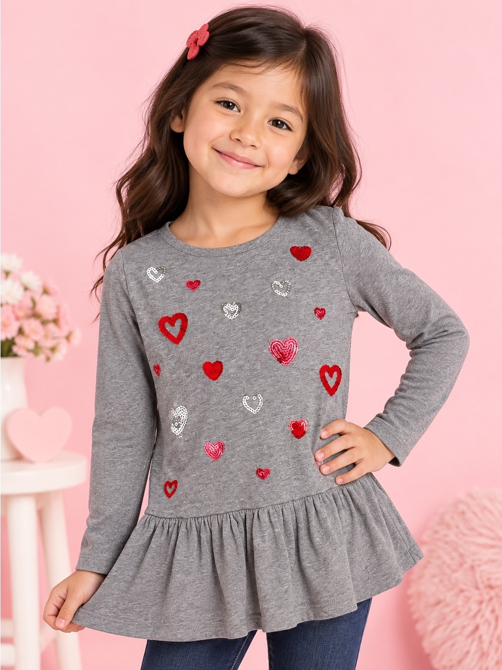 Gymboree Girls Size 6 Gray Sequin Heart Long Sleeve Ruffle Hem Top